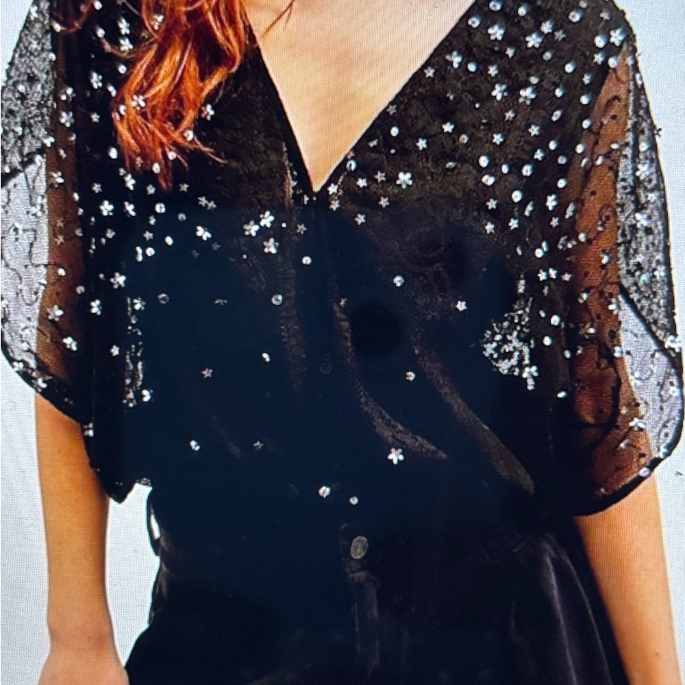 Free People Black Sheer Star summer shine  Blouse new xs mesh sequins intimately